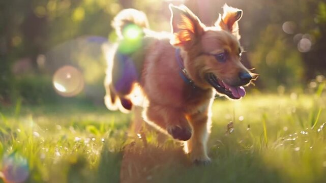 A happy dog with ears flapping, running across a lush green garden bathed in warm sunlight, capturing a moment of pure joy and energy
