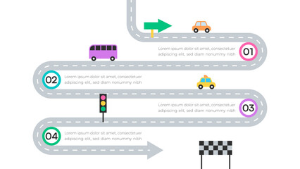 Roadmap Infographic with Cars, Traffic Lights, and Numbered Steps on Winding Path