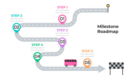 Colorful Roadmap Milestone Infographic with Cars and Steps Illustration