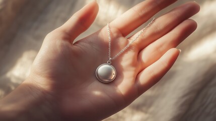 Elegant Silver Circle Pendant Necklace on a Woman's Hand, Soft Light Photography