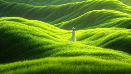 Fototapeta premium Woman in White Dress Walking Through Vibrant Green Grass Field