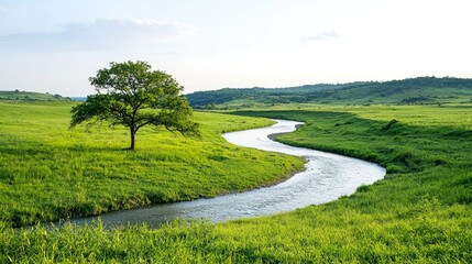 Naklejka premium Serene landscape with a winding river, lush green meadow, and solitary tree.