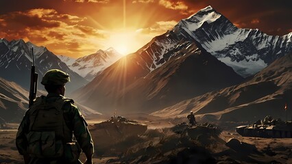 image commemorating Kargil Vijay Diwas, also known as Kargil Victory Day. The artwork depicts the silhouette of Indian Army soldiers standing proudly atop Mount Everest, holding the Indian flag .