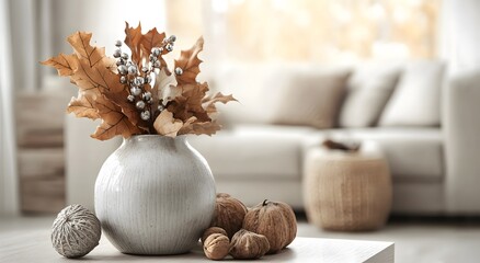 A ceramic vase with silver colored leaves on the coffee table in a modern living room. Creates a cozy and warm atmosphere. Mock up poster frame, vase of dead flowers.