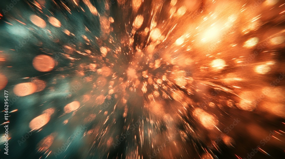 Poster abstract explosion of vibrant orange and blue light particles radiating outward, creating a dynamic 