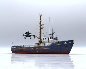 Fototapeta premium A high quality 3D render of a research ship deploying an ROV with an overcast sky