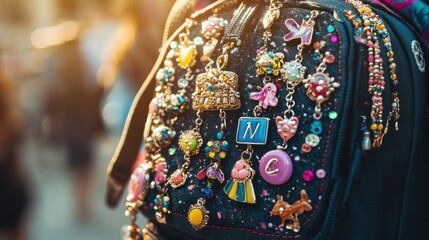Colorful Backpack Charms Glowing in Golden Sunset Light