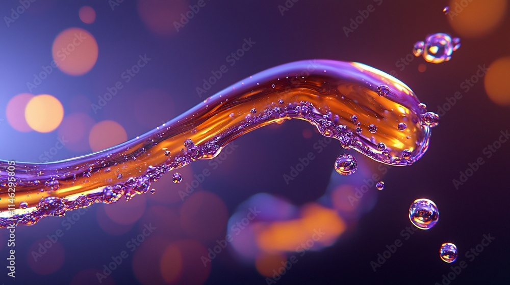 Poster abstract orange liquid wave with bubbles against a bokeh background.