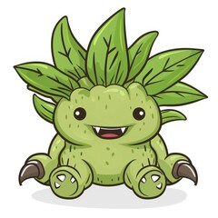 Fototapeta premium A friendly green monster with a leafy head sits with a smile.