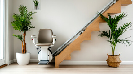 A modern stairlift sits beside a wooden staircase, flanked by potted plants, creating a stylish and accessible home environment.