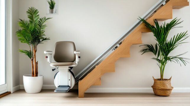 A modern stairlift sits beside a wooden staircase, flanked by potted plants, creating a stylish and accessible home environment.