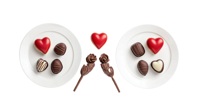 A romantic scene with a table decorated with roses and chocolates, on a transparent backgrounds