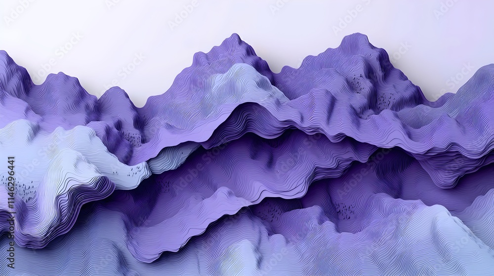 Poster an abstract depiction of layered mountains in shades of purple, creating a serene and captivating la