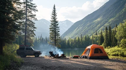 Fotobehang Camping with off-road vehicle by beautiful lake and mountains © HISTOCK