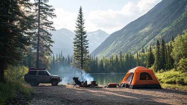 Camping with off-road vehicle by beautiful lake and mountains