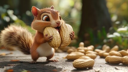 Cute cartoon squirrel happily holding peanuts.