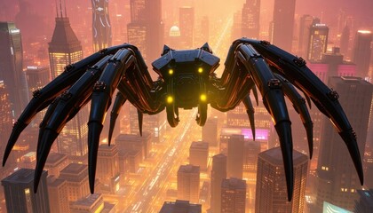 4K HD Wallpapers Giant Mechanical Spider Crawling Across A Glowing Metallic City With Sharp Legs. Desktop Wallpaper HD. HD Backgrounds
