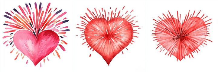 new year fireworks concept. Three vibrant hearts with colorful bursts, symbolizing love and celebration, arranged in a visually striking manner.