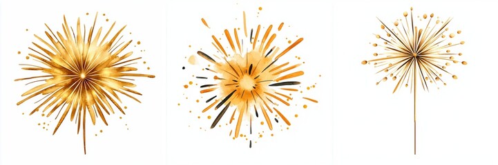 Obraz premium new year fireworks concept. Three gold sparkler fireworks burst in different styles, creating a festive atmosphere perfect for celebrations and special events.