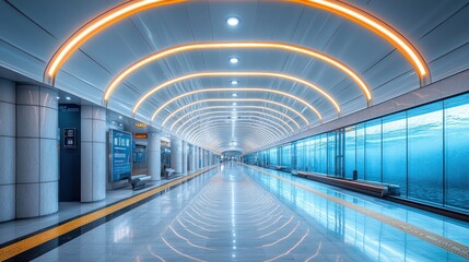 Obraz premium Modern, illuminated subway corridor with underwater aquarium view.