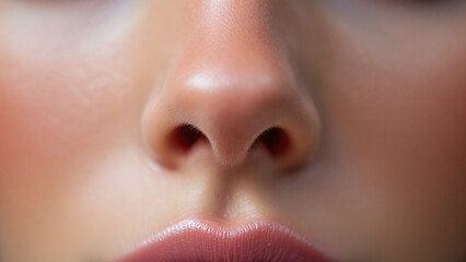 Obraz premium Close-up portrait of a girl showcasing her nose and lips with a smooth, healthy complexion.