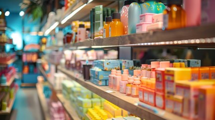 Colorful aisle of cosmetic products in a bright store