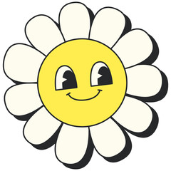 Retro Groovy Flower. Groovy flower cartoon characters. Funny happy daisy with eyes and smile. Sticker pack in trendy retro trippy style. Isolated vector illustration. Hippie 60s, 70s style.