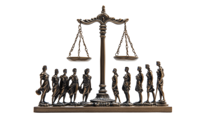 A scale balancing justice and equality, surrounded by human figures., on a transparent backgrounds