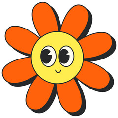 Retro Groovy Flower. Groovy flower cartoon characters. Funny happy daisy with eyes and smile. Sticker pack in trendy retro trippy style. Isolated vector illustration. Hippie 60s, 70s style.