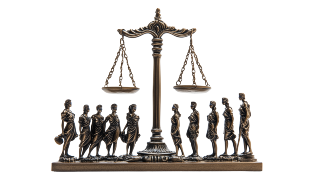 A scale balancing justice and equality, surrounded by human figures., on a transparent backgrounds