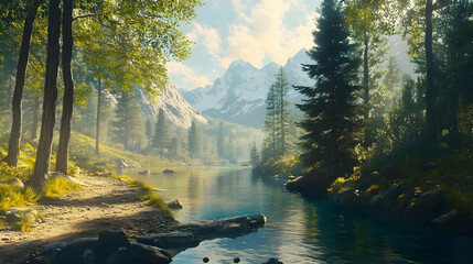 Obraz premium Serene Mountain River 3D Illustration