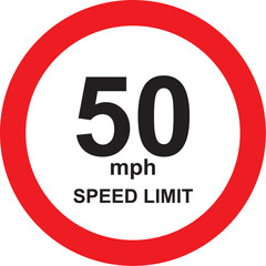 Isolated traffic sign indicating a 50 kmh speed limit. A red circle with the number 50 inside on a white background