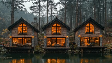Fototapeta premium Three picturesque wooden cabins with warm lights reflecting on a serene lake, surrounded by dense trees and mist, evoking a peaceful retreat.