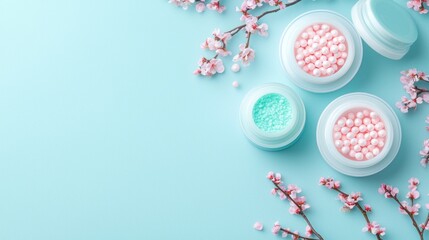 Cosmetic pearls and cherry blossoms studio product photography aesthetic environment top-down view...