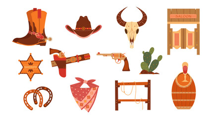 wild west elements collection with cactus, bull skull, cowboy boots, etc.
