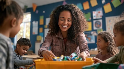 A wide shot of a happy teacher interacting with her young students while sorting recyclables in a classroom.