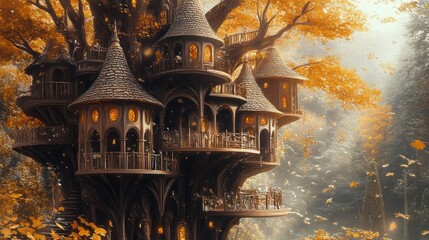 Enchanting autumnal treehouse village nestled within a mystical forest, glowing with warm lights.