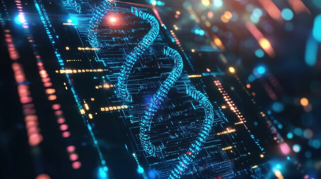 Abstract glowing circuit AI hologram with dna on blurry background. AI and science concept. Double exposure