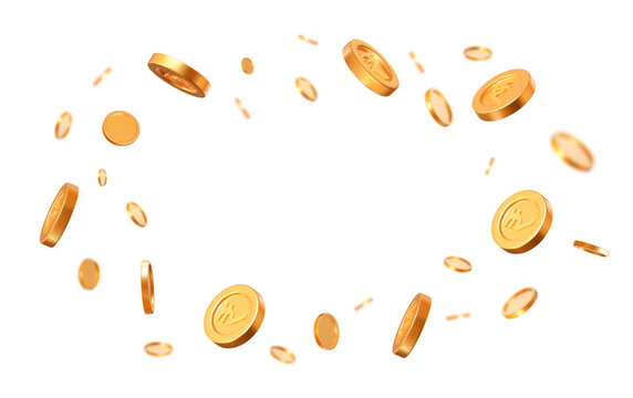 3d flying gold Indian rupees coins on white isolated background. Rich or casino luck concept. Precious expensive treasure. Stock vector illustration.	