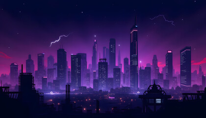 Futuristic cyberpunk city skyline or cityscape with skyscrapers in mix of purple, cyan, pink and blue neon lights with strokes of lightning