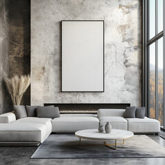 Luxury Living Room with Empty Vertical Frame on Modern Stone Wall
