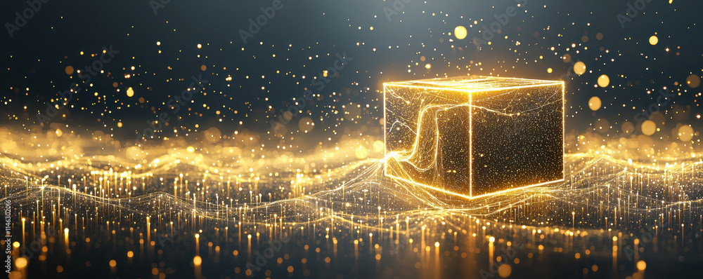 Poster abstract glowing cube surrounded by shimmering particles