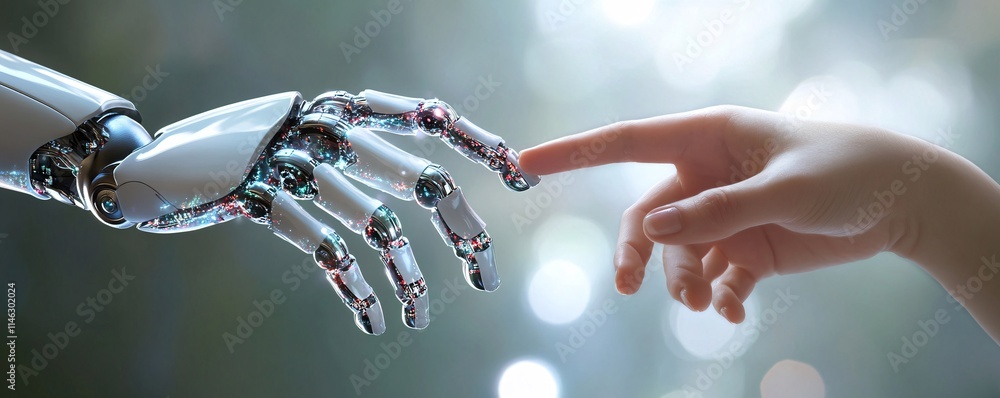 Poster robot hand touching human hand: artificial intelligence and human connection