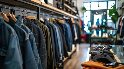 Clothing rack in a modern retail store with casual outfits