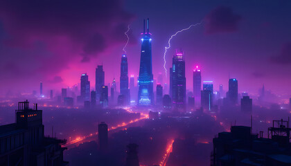 Futuristic cyberpunk city skyline or cityscape with skyscrapers in mix of purple, cyan, pink and blue neon lights with strokes of lightning