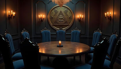 Mysterious meeting room with illuminati symbols, candles, a round table and blue chairs. Like a secret society or occult gathering space