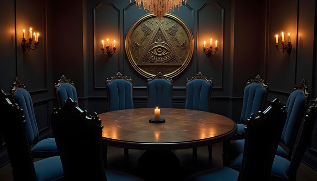Mysterious meeting room with illuminati symbols, candles, a round table and blue chairs. Like a secret society or occult gathering space