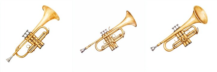 Obraz premium new year gathering concept. A trio of gleaming golden trumpets displayed in a row, showcasing their elegant design and musical charm.