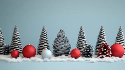 Christmas postcard tamplate from the gray cones and color christmas balls with free copy space for congratulatory text.