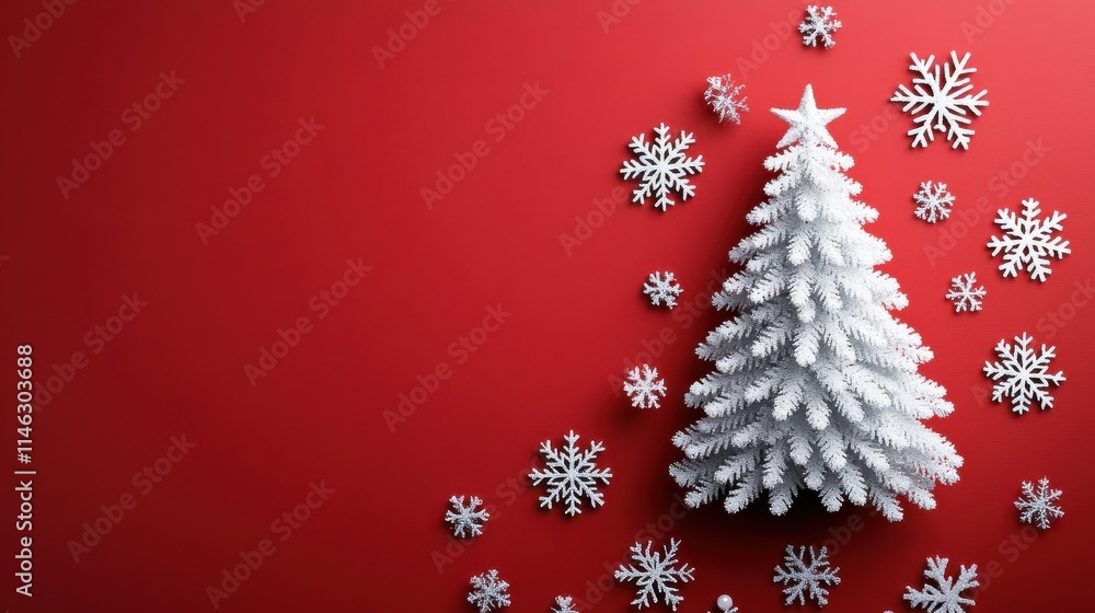 Poster christmas tree made from white snow flake decorations on red. background with empty copy space for t